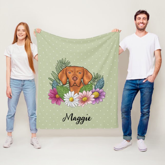 Ungersk Vizsla Och Färgrika Sommarblommor Gröna Fleecefilt (På plats)
