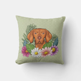 Ungersk Vizsla Och Färgrika Sommarblommor Gröna Kudde