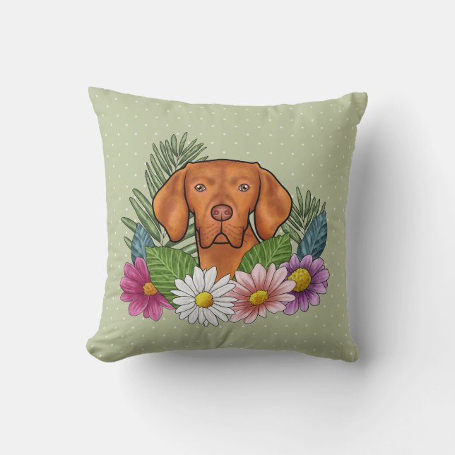 Ungersk Vizsla Och Färgrika Sommarblommor Gröna Kudde (Framsida)