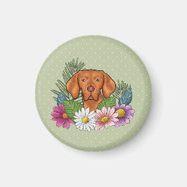 Ungersk Vizsla Och Färgrika Sommarblommor Gröna Magnet