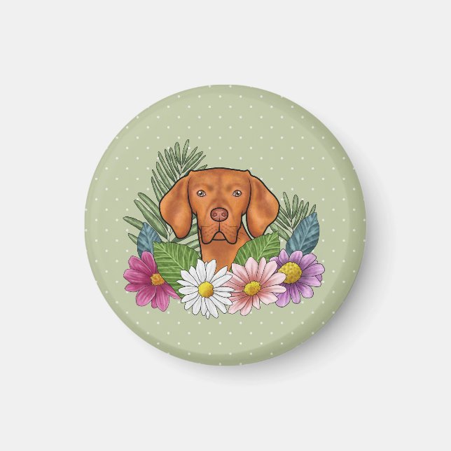 Ungersk Vizsla Och Färgrika Sommarblommor Gröna Magnet (Framsidan)