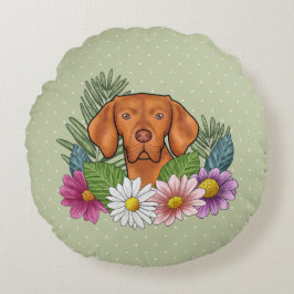Ungersk Vizsla Och Färgrika Sommarblommor Gröna Rund Kudde