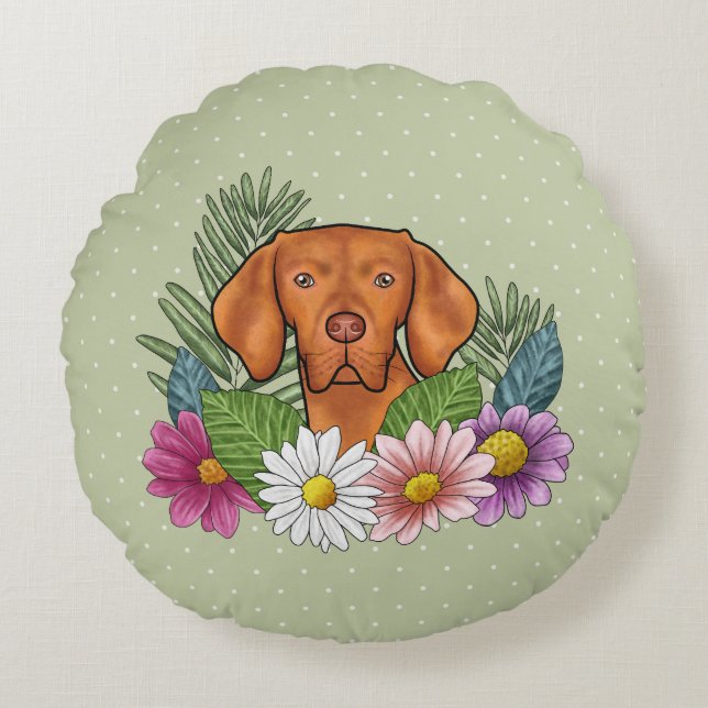 Ungersk Vizsla Och Färgrika Sommarblommor Gröna Rund Kudde (Framsidan)