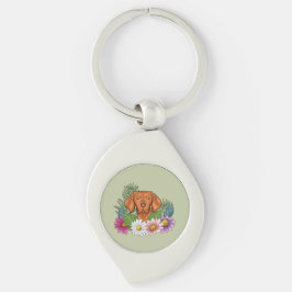 Ungersk Vizsla Och Färgrika Sommarblommor Gröna Swirl Silverfärgad Nyckelring