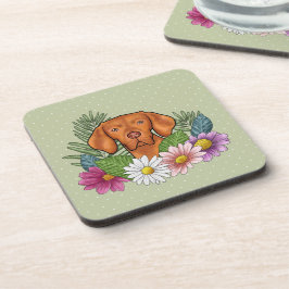 Ungersk Vizsla Och Färgrika Sommarblommor Gröna Underlägg