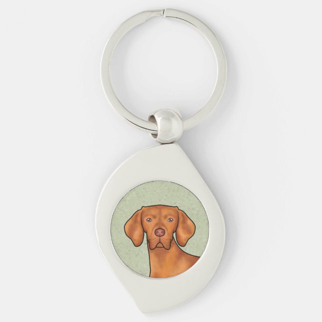 Ungersk Vizsla Tecknad Pointer Hund Head Grönt Swirl Silverfärgad Nyckelring (Framsidan)
