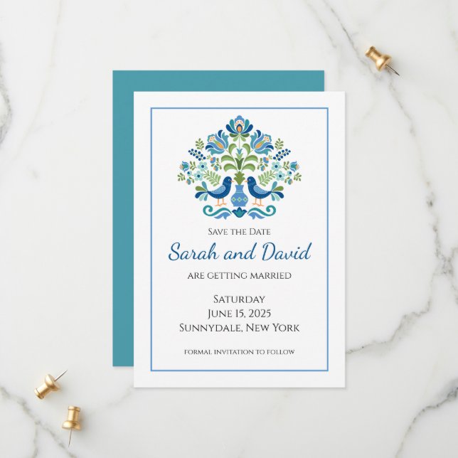 Ungerska designblåa fåglar spara datumet (Fram/Back In Situ)