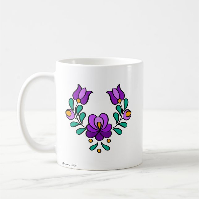 Ungerska Embroidery Mönster, ’Matyó’ - lila Kaffemugg (Vänster)