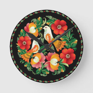Ungerska fåglar och blommor pläterar rund klocka