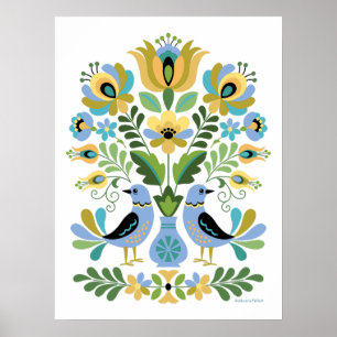 Ungerska folkart Birds in Blue and Guld Poster