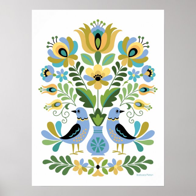 Ungerska folkart Birds in Blue and Guld Poster (Framsidan)
