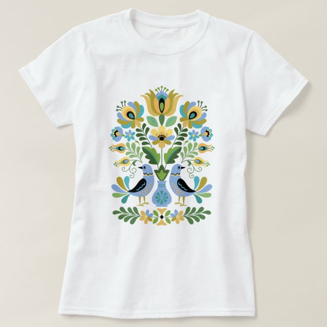 Ungerska folkart Birds in Blue and Guld T Shirt (Design framsida)