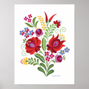 Ungerska folkdesignen Röd ros och paprika Poster