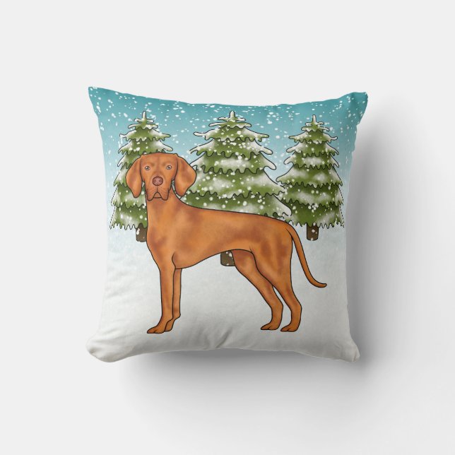 ungerska Vizsla Hund i Snowy Winter Forest Cute Kudde (Framsida)