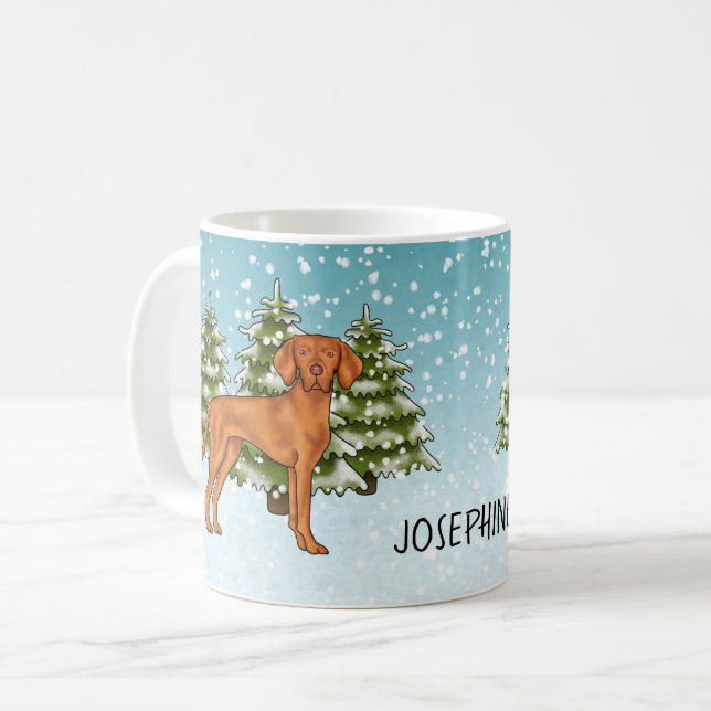 Ungerska Vizsla Hund Snowy Winter Forest and Namn Kaffemugg (Framsida vänster)