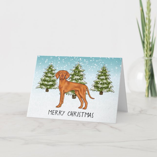 Ungerska Vizsla Hund Snowy Winter Forest and Text Kort (Framsida)