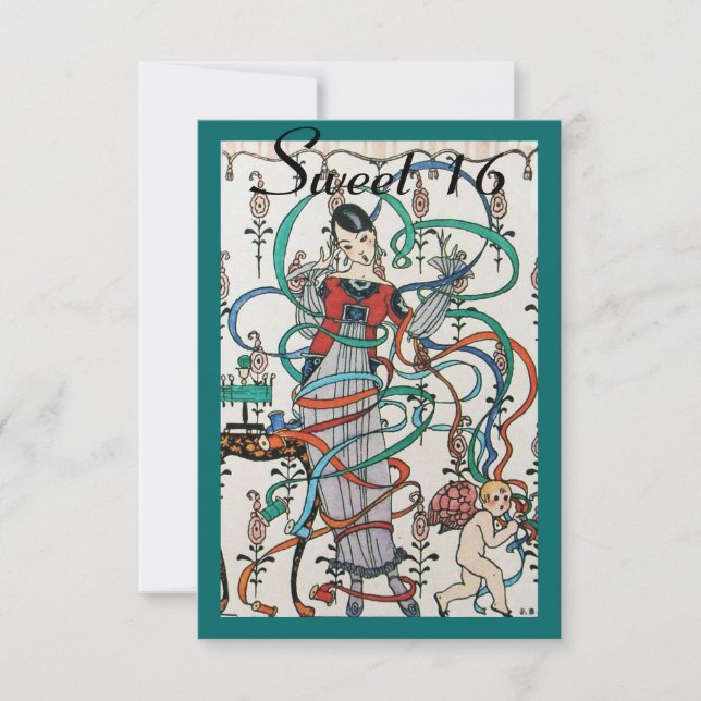 UNGG GIRL MED FÄRGFULL ROSETT BAND SVEET 16 PARTY INBJUDNINGAR (Framsida)