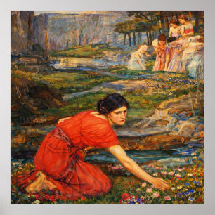 Ungmöer plockar blommor vid en bäck av Waterhouse Poster