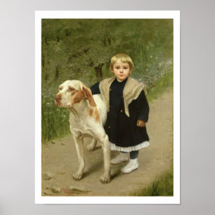 Ungt barn och en stor hund (olja på kanfas) poster