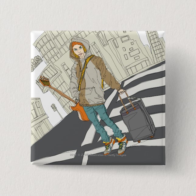 Ungt kvinnaanseende på gatan med bagage knapp (Framsida)