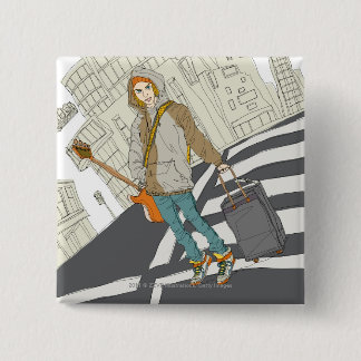 Ungt kvinnaanseende på gatan med bagage knapp