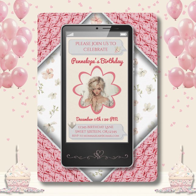 Ungt Rosa Blommigt Textmeddelande Födelsedag Inbjudningar (Youthful Pink Floral Text Message Birthday Invitation)