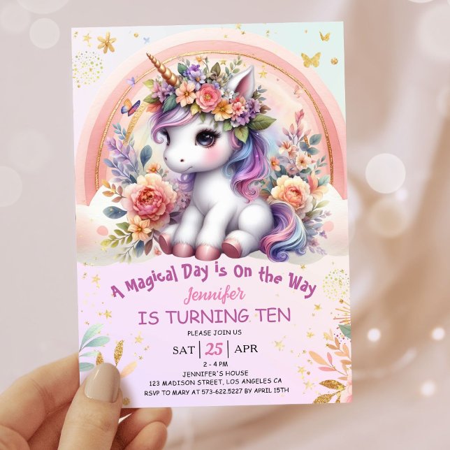Unicorn 10 Birthday Girl Rosa Blommigt Rainbow Inbjudningar (#UnicornBirthdayInvitation #UnicornBirthdayInvitationTemplate #UnicornBirthdayInvitationEditable 
)
