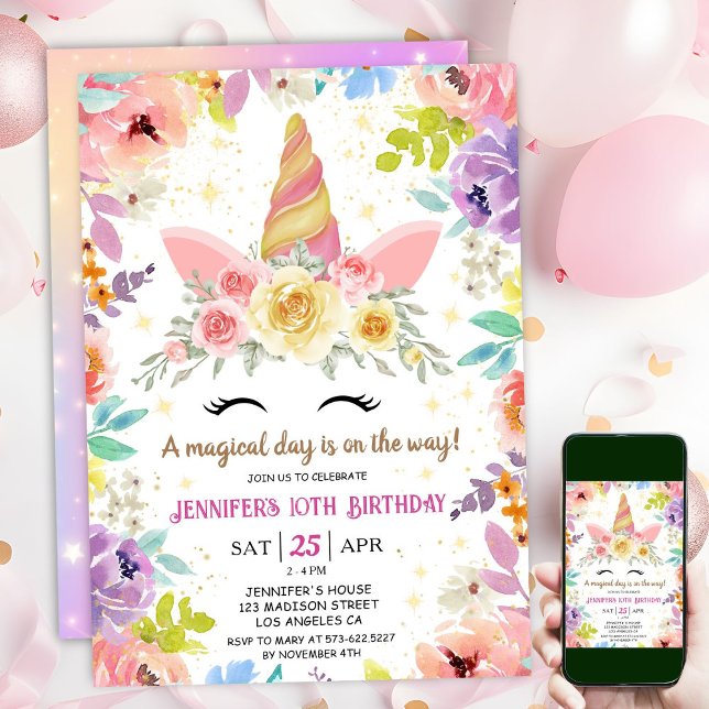 Unicorn 10:e födelsedag Färgfull Blommigt Regnbåge Inbjudningar (#UnicornBirthdayInvitation #UnicornBirthdayInvitationTemplate #UnicornBirthdayInvitationEditable 
)