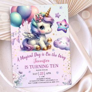 Unicorn 10:e födelsedagen Inbjudan Girl Lila & Gul