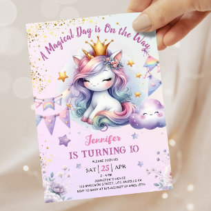 Unicorn 10:e födelsedagen Inbjudan Girl Rosa & Gul