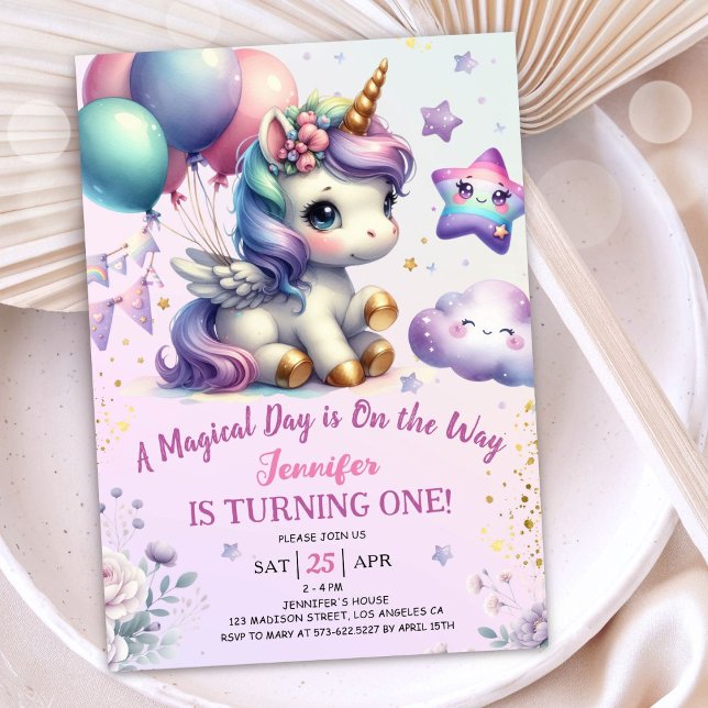 Unicorn 1:a födelsedagen Inbjudan Girl Lila & Guld (#UnicornBirthdayInvitation #UnicornBirthdayInvitationTemplate #UnicornBirthdayInvitationEditable )