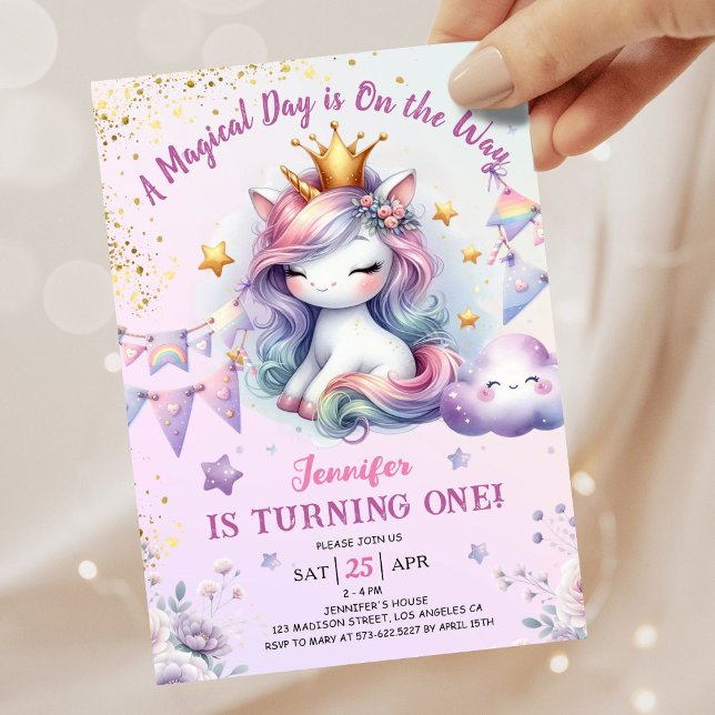 Unicorn 1:a födelsedagen Inbjudan Girl Rosa & Guld (#UnicornBirthdayInvitation #UnicornBirthdayInvitationTemplate #UnicornBirthdayInvitationEditable 
)