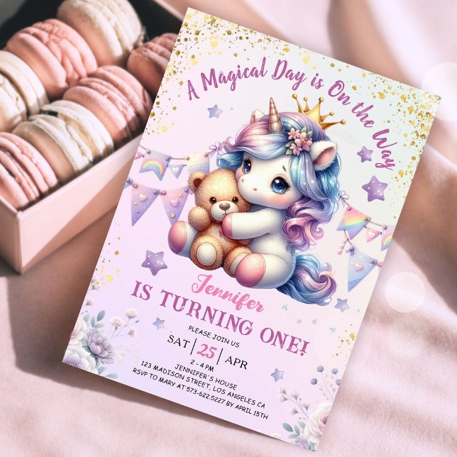 Unicorn 1:a födelsedagen Inbjudan Girl Rosa Guld C (#UnicornBirthdayInvitation #UnicornBirthdayInvitationTemplate #UnicornBirthdayInvitationEditable)
