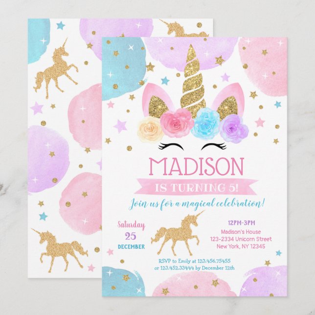 Unicorn 1:a födelsedagsbjudandet Regnbåge Inbjudningar (Fram/baksida)