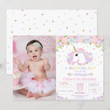 Unicorn 1:a födelsedagsinbjudan Blommigt Regnbåge