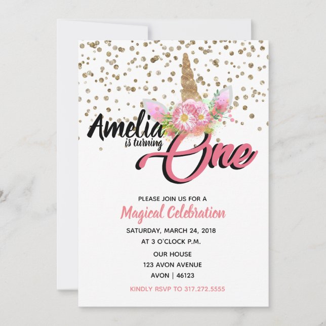 Unicorn 1:a födelsedagsinbjudan inbjudningar (Framsida)