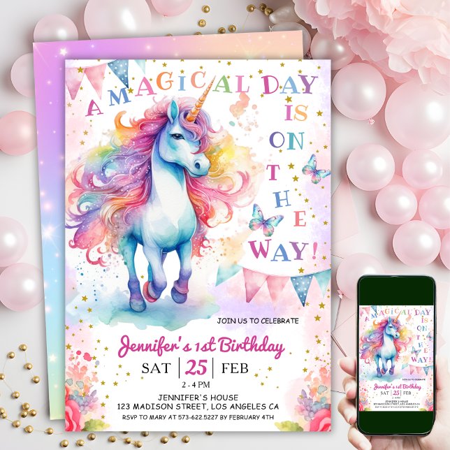 Unicorn 1st Birday Fairy Blommigt Rainbow & Stars Inbjudningar (#UnicornBirthdayInvitation #UnicornBirthdayInvitationTemplate #UnicornBirthdayInvitationEditable 
)