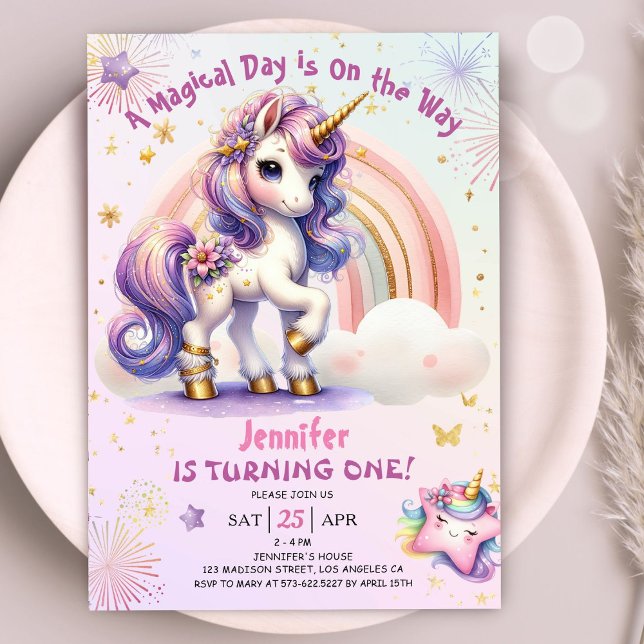 Unicorn 1st Birthday Girl Lila Guld Rainbow Inbjudningar (#UnicornBirthdayInvitation #UnicornBirthdayInvitationTemplate #UnicornBirthdayInvitationEditable )