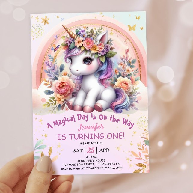 Unicorn 1st Birthday Girl Rosa Blommigt Rainbow Inbjudningar (#UnicornBirthdayInvitation #UnicornBirthdayInvitationTemplate #UnicornBirthdayInvitationEditable )