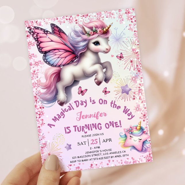 Unicorn 1st Birthday Girl Rosa Lila Glitter Inbjudningar (#UnicornBirthdayInvitation #UnicornBirthdayInvitationTemplate #UnicornBirthdayInvitationEditable)
