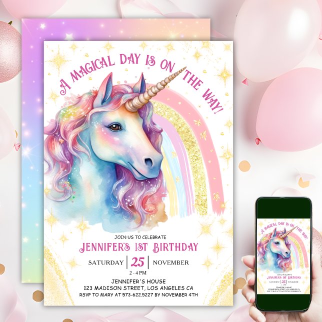 Unicorn 1st Birthday Guld Rosa Magic Rainbow Inbjudningar (#UnicornBirthdayInvitation #UnicornBirthdayInvitationTemplate #UnicornBirthdayInvitationEditable)