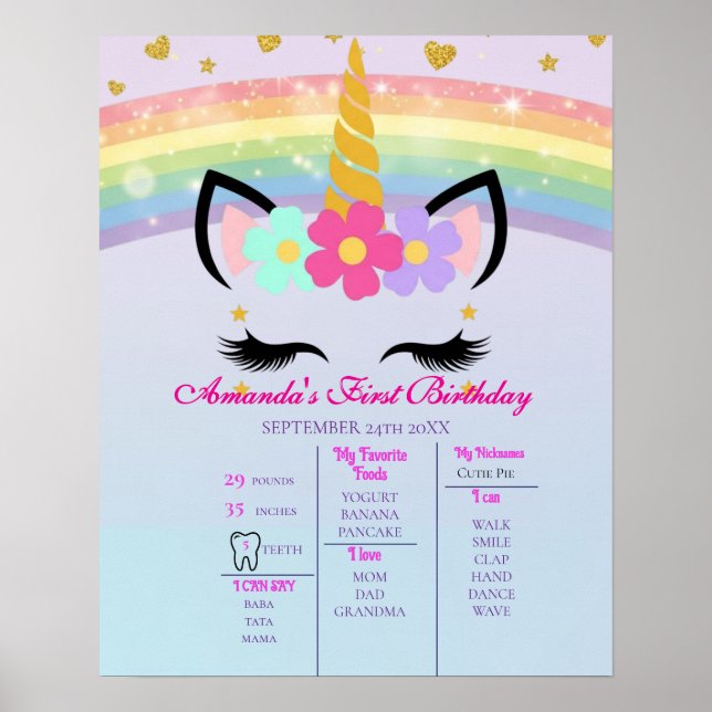 Unicorn 1st Birthday Milestone Photo Poster (Framsidan)