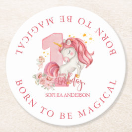 Unicorn 1st Birthday Pink Little Girl Underlägg Papper Rund