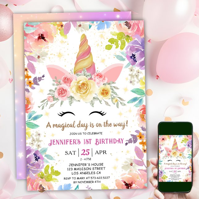 Unicorn 1st Birthday Rosa Girl Blommigt Rainbow Inbjudningar (#UnicornBirthdayInvitation #UnicornBirthdayInvitationTemplate #UnicornBirthdayInvitationEditable
)