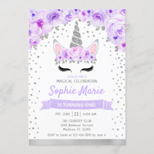 Unicorn 1st Birthday - Silver Lila Inbjudningar