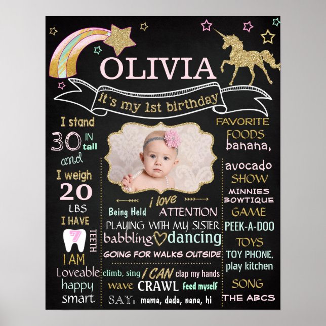 Unicorn 1st First Birthday chalkboard-skylt poster (Framsidan)