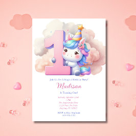 Unicorn 1st First Rosa Blue Lila Girl Birthday Inbjudningar