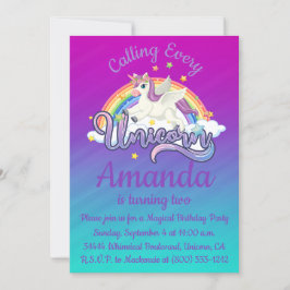 Unicorn 2:a födelsedag Magic Whimiscal-inbjudan Inbjudningar
