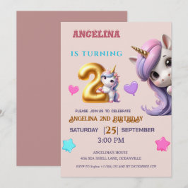 Unicorn 2:a födelsedagen Inbjudan Girl Lila & Guld