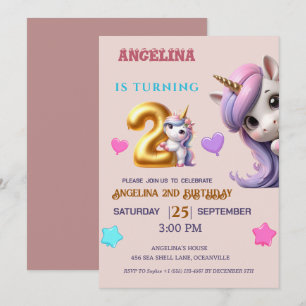 Unicorn 2:a födelsedagen Inbjudan Girl Lila & Guld
